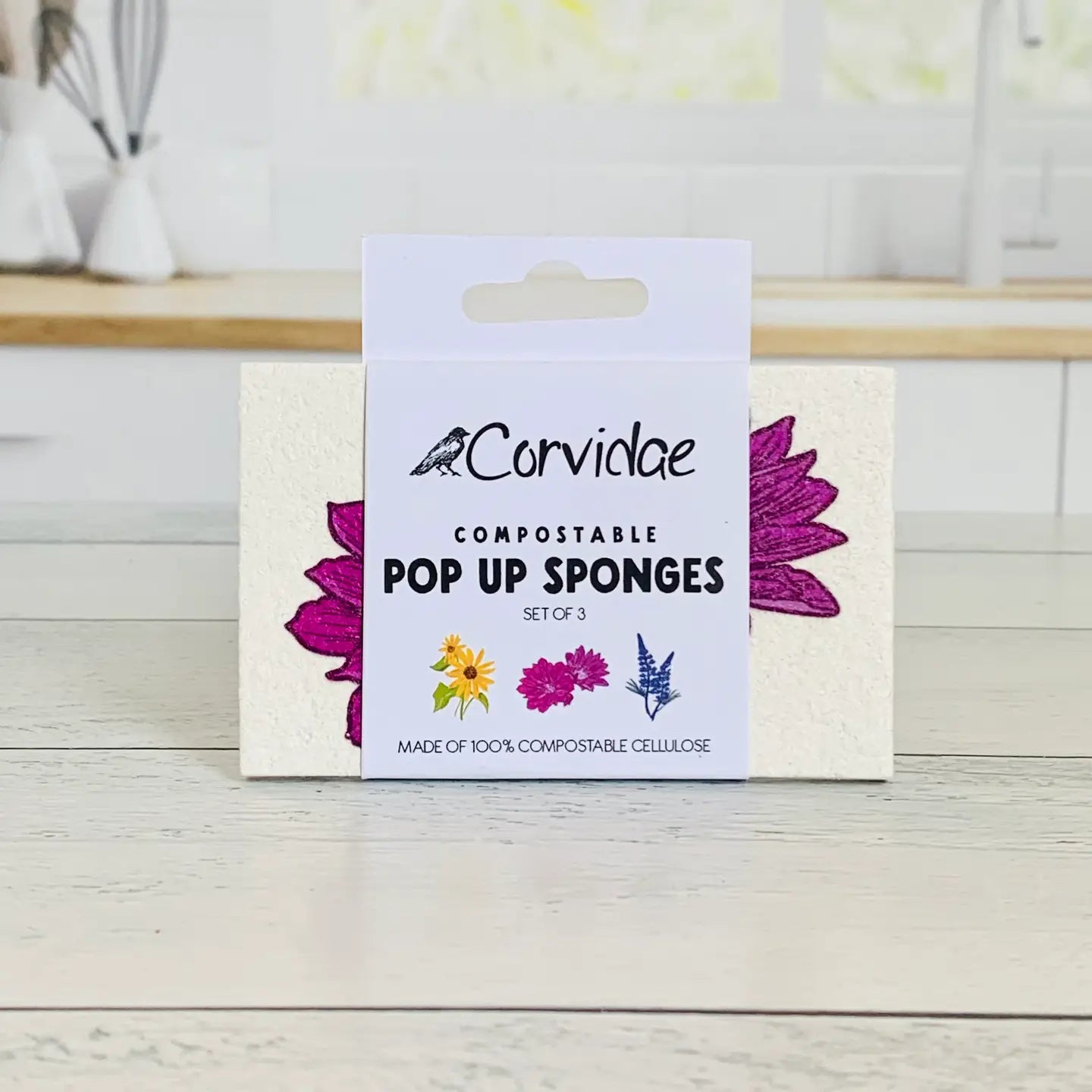 Corvidae Compostable Pop-Up Sponges (Set of 3): Wildflowers