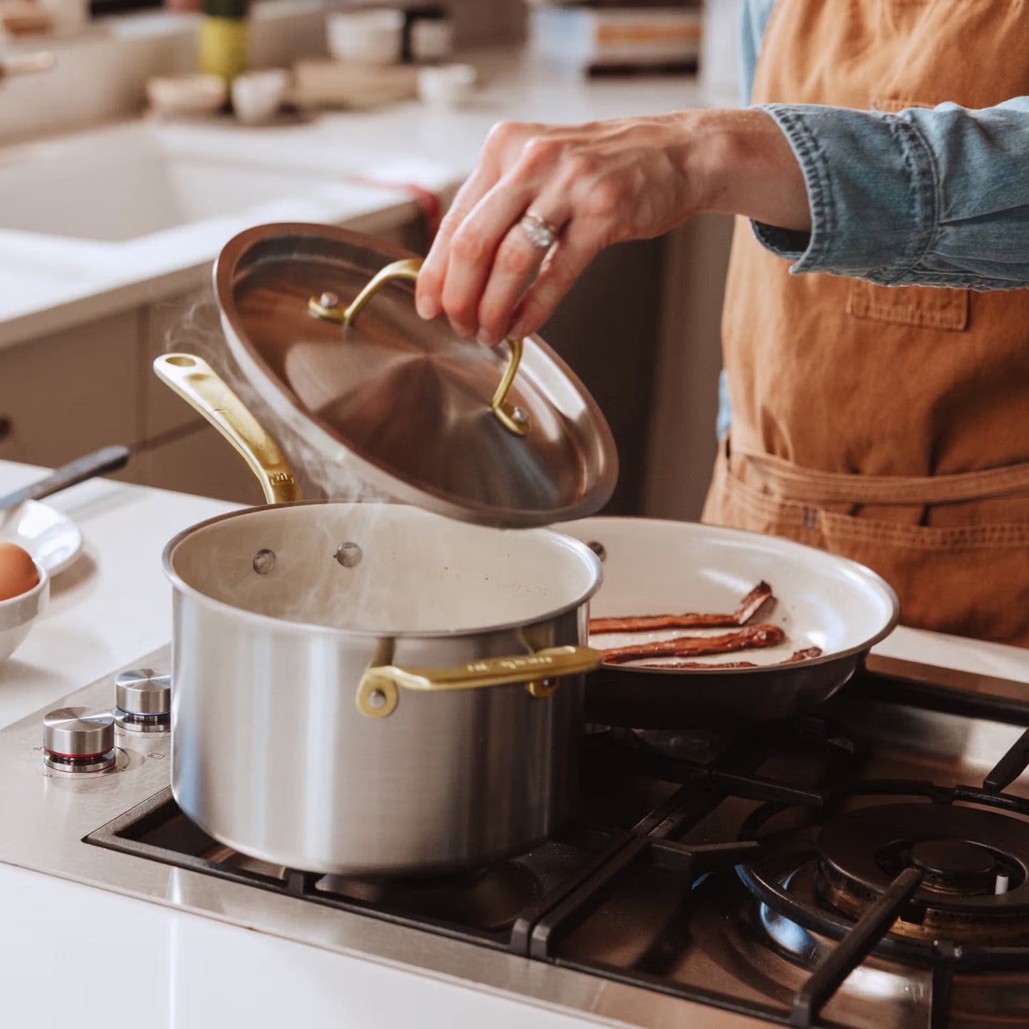 MADE IN® CeramiClad® 2.0 Non Stick Cookware Set:  7 Piece, Antique Brass Handle