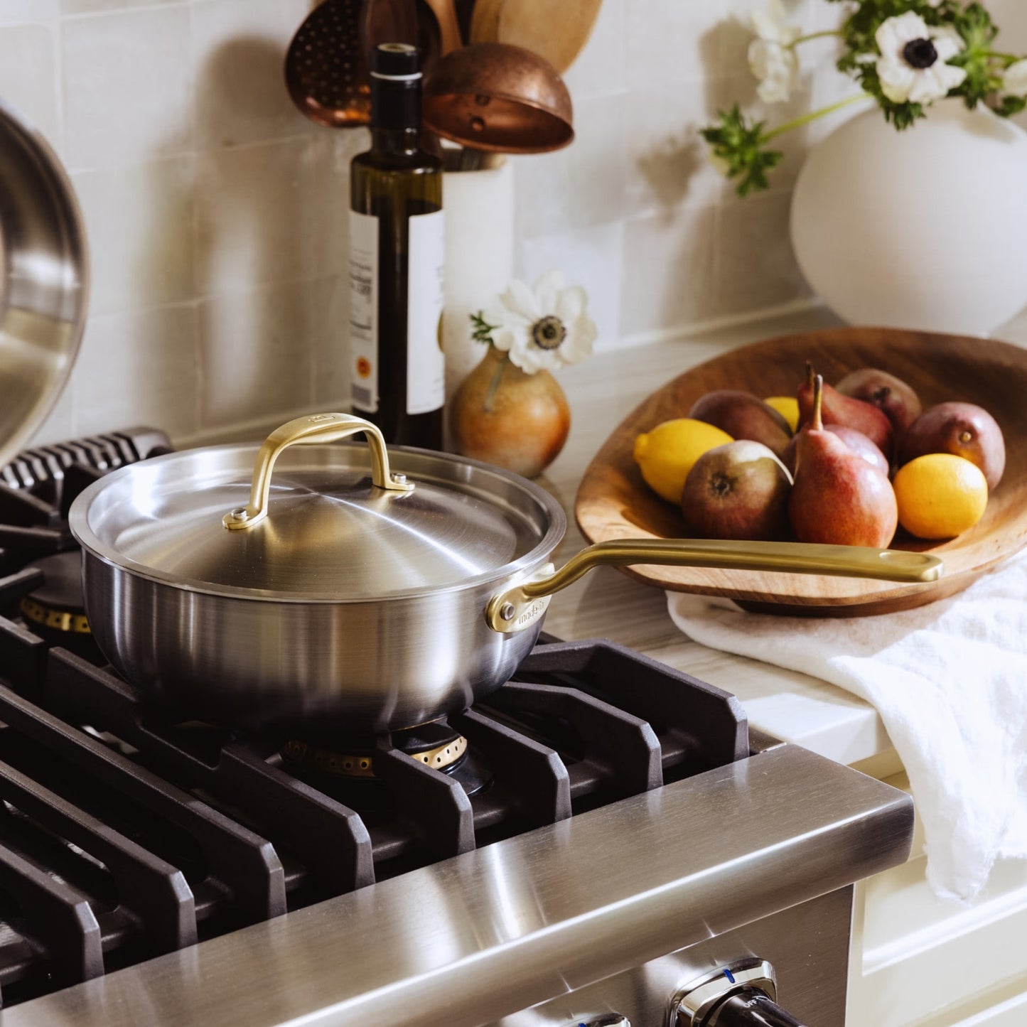 MADE IN® CeramiClad™ 2.0 Non-stick Saucier with Lid: 3 QT, Antique Brass Handle