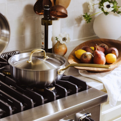 MADE IN® CeramiClad™ 2.0 Non-stick Saucier with Lid: 3 QT, Antique Brass Handle