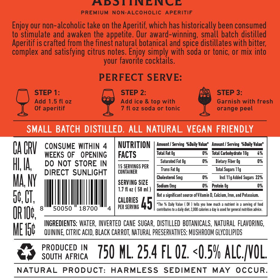 Abstinence Spirits Blood Orange Aperitif (Alcohol Free)