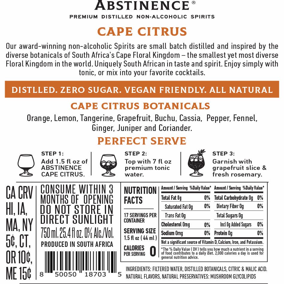 Abstinence Spirits Cape Citrus NA Spirit Alternative