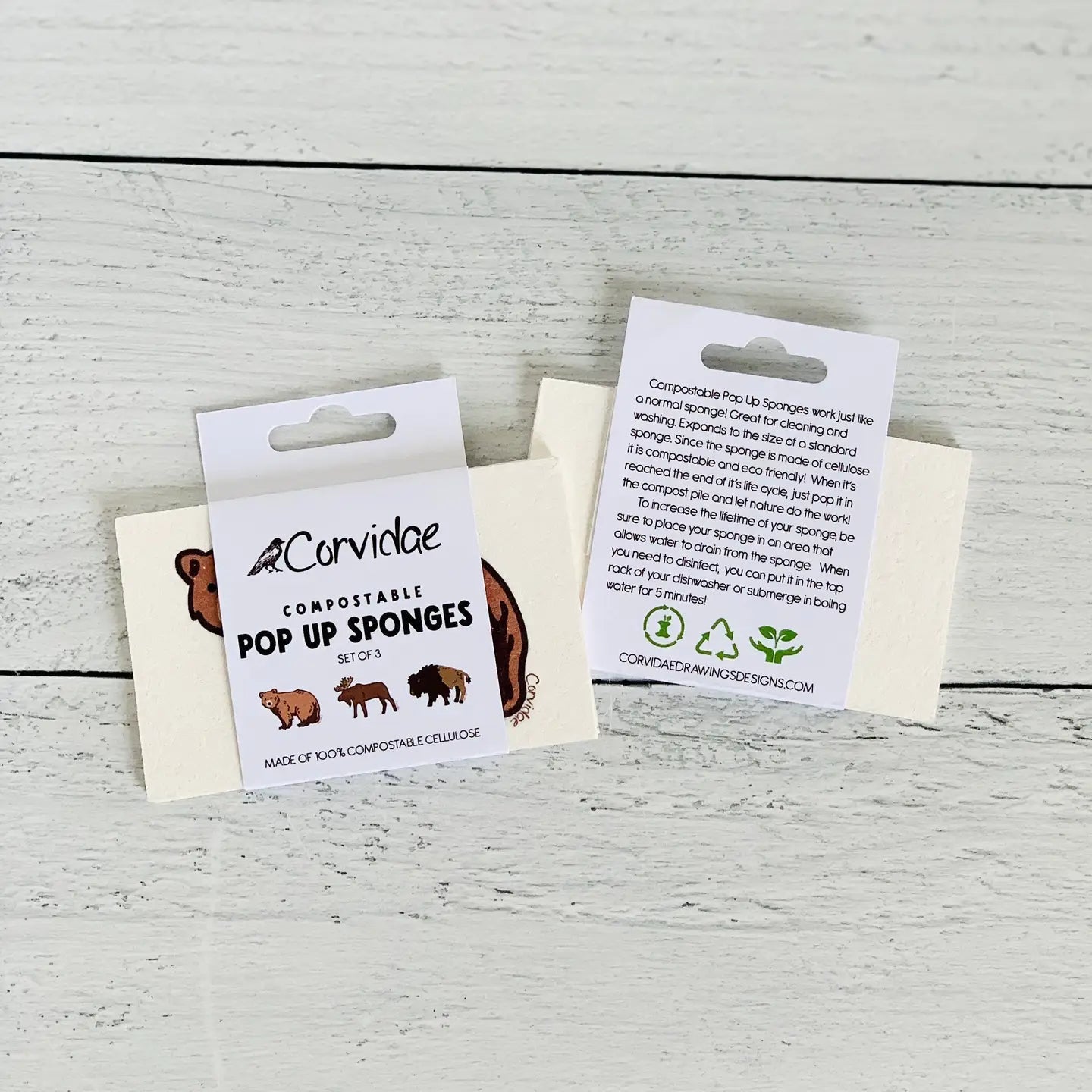 Corvidae Compostable Pop-Up Sponges (Set of 3): Bear, Moose, BIson