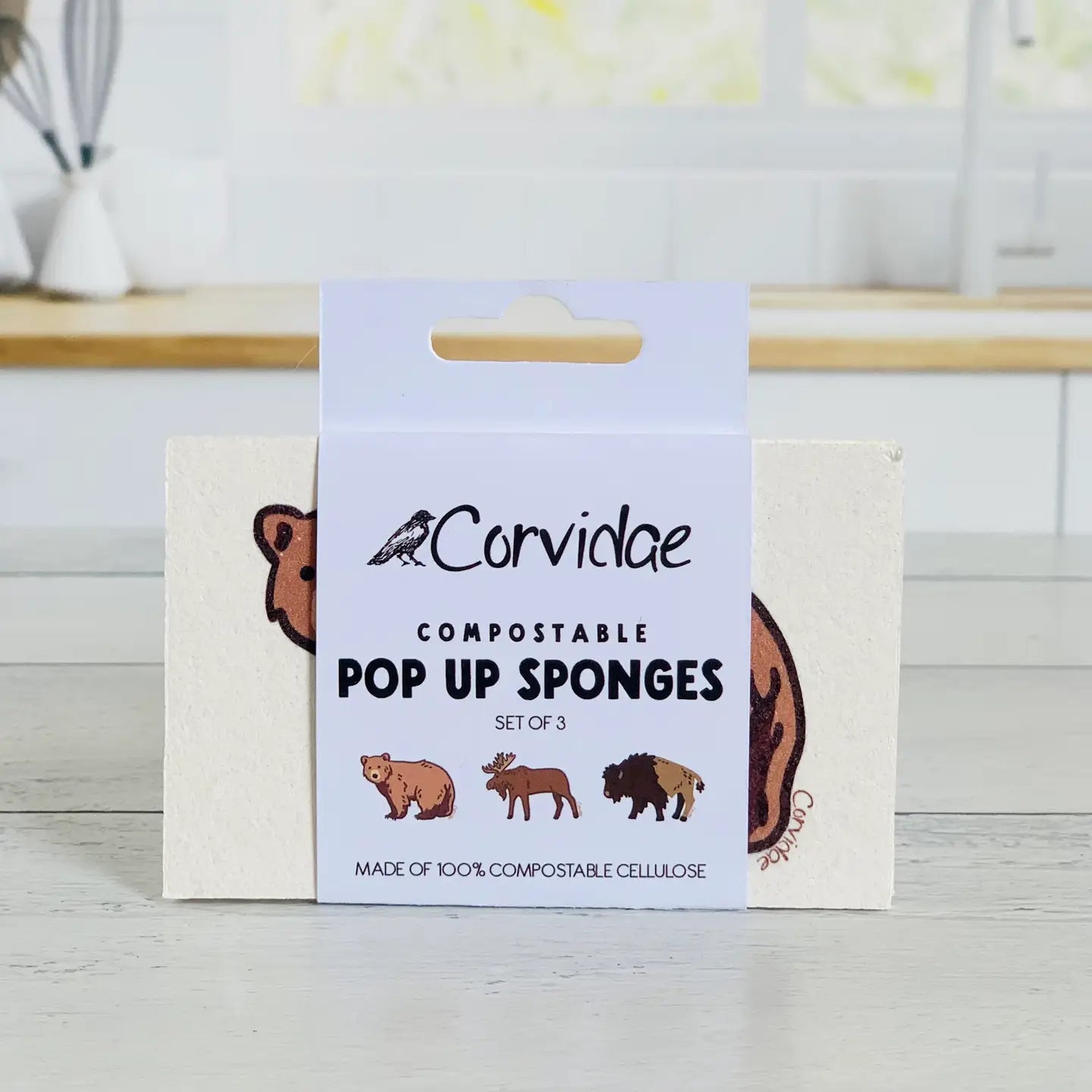 Corvidae Compostable Pop-Up Sponges (Set of 3): Bear, Moose, BIson