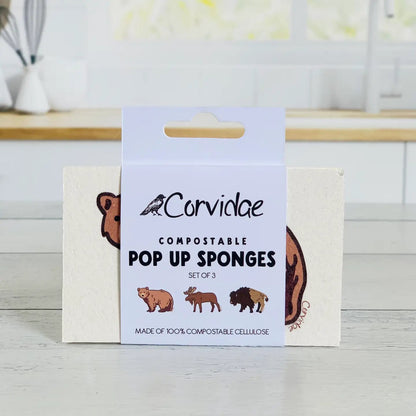 Corvidae Compostable Pop-Up Sponges (Set of 3): Bear, Moose, BIson