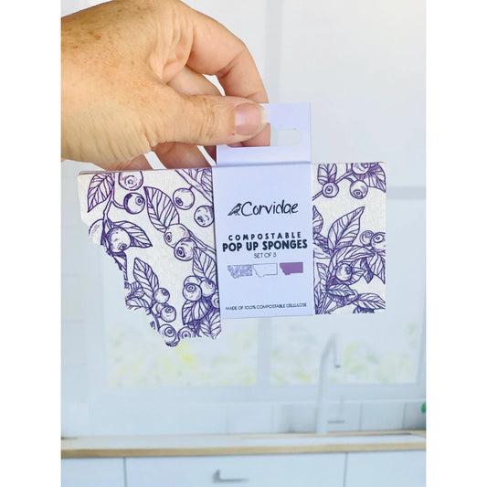 Corvidae Compostable Pop-Up Sponges (Set of 3): Montana Shaped, Huckleberry