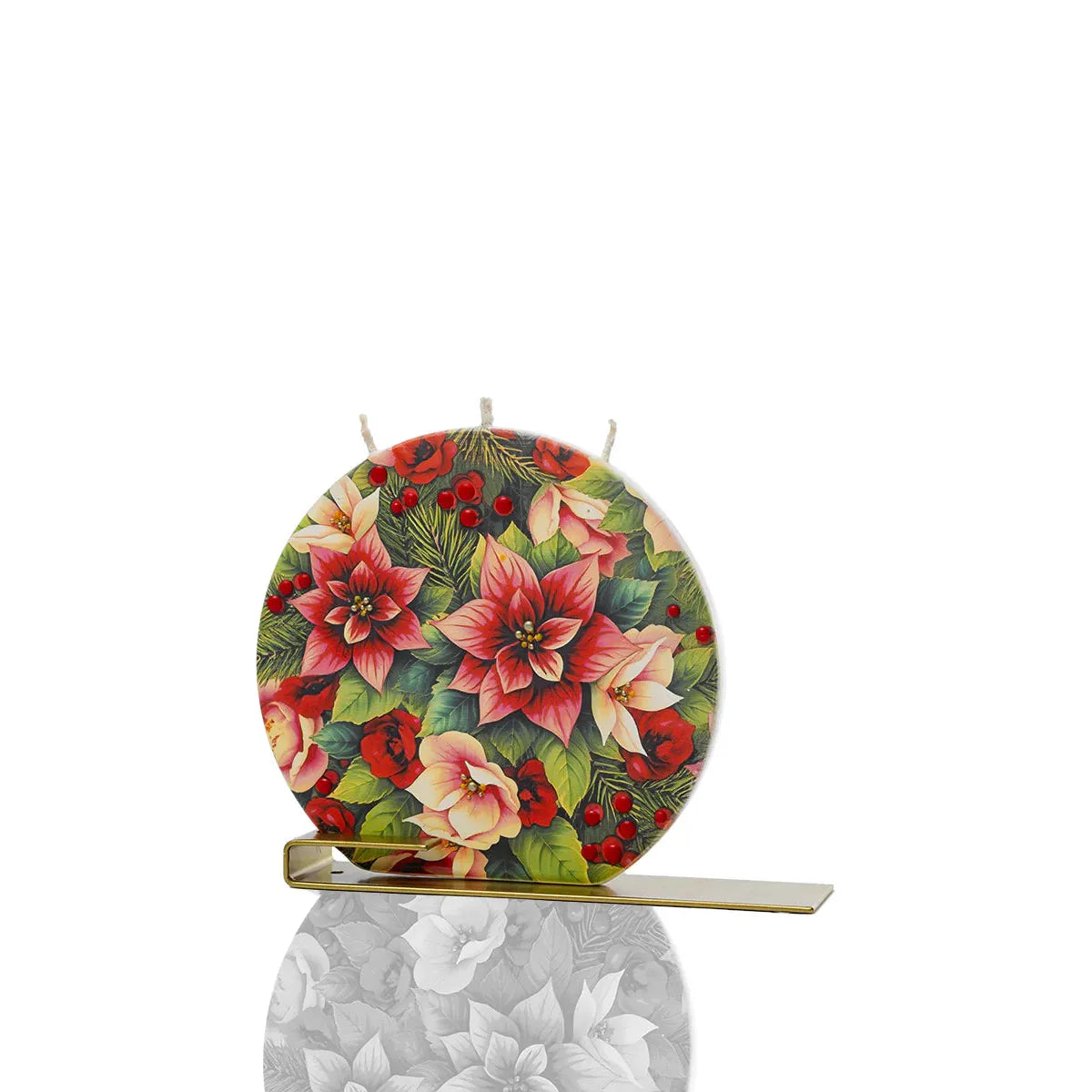 Flatyz Round Candle: Red Pointsettias & Christmas Florals