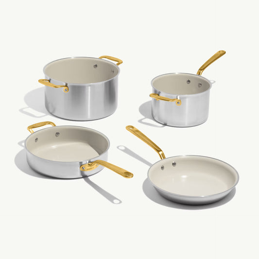 MADE IN® CeramiClad® 2.0 Non Stick Cookware Set: 7 Piece, Antique Brass Handle