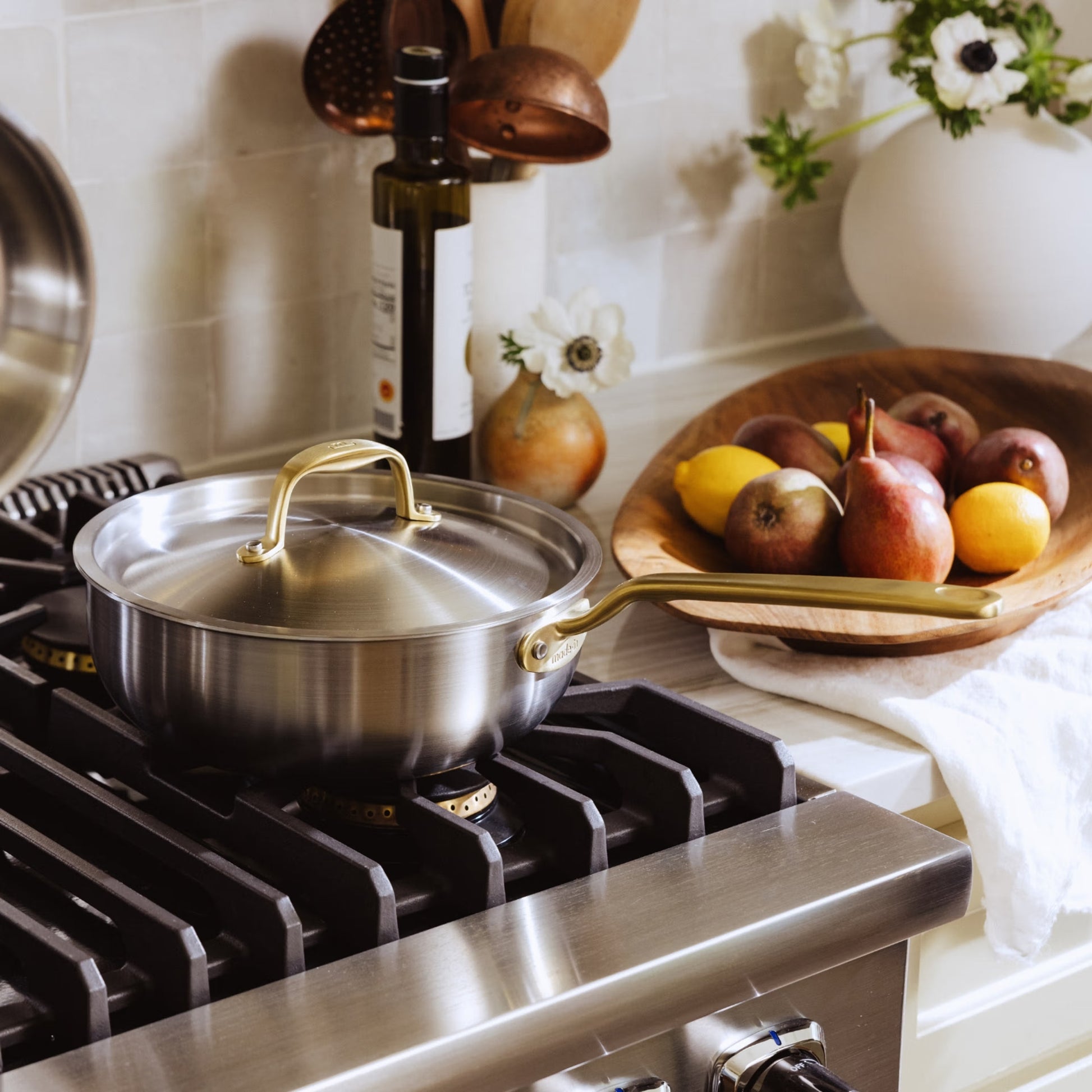 MADE IN® CeramiClad™ 2.0 Non-stick Saucier with Lid: 3 QT, Antique Brass Handle