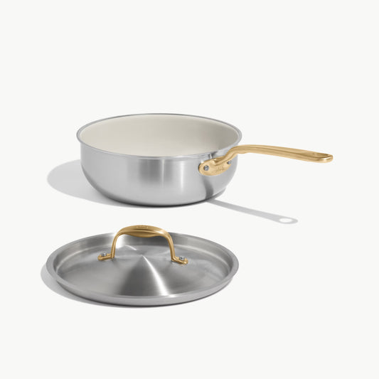 MADE IN® CeramiClad™ 2.0 Non-stick Saucier with Lid: 3 QT, Antique Brass Handle