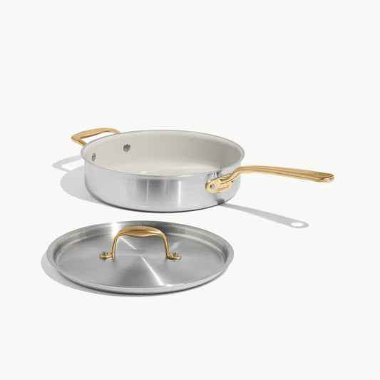 MADE IN® CeramiClad™ 2.0 Non-stick Saute Pan with Lid: 3.5 QT, Antique Brass Handle