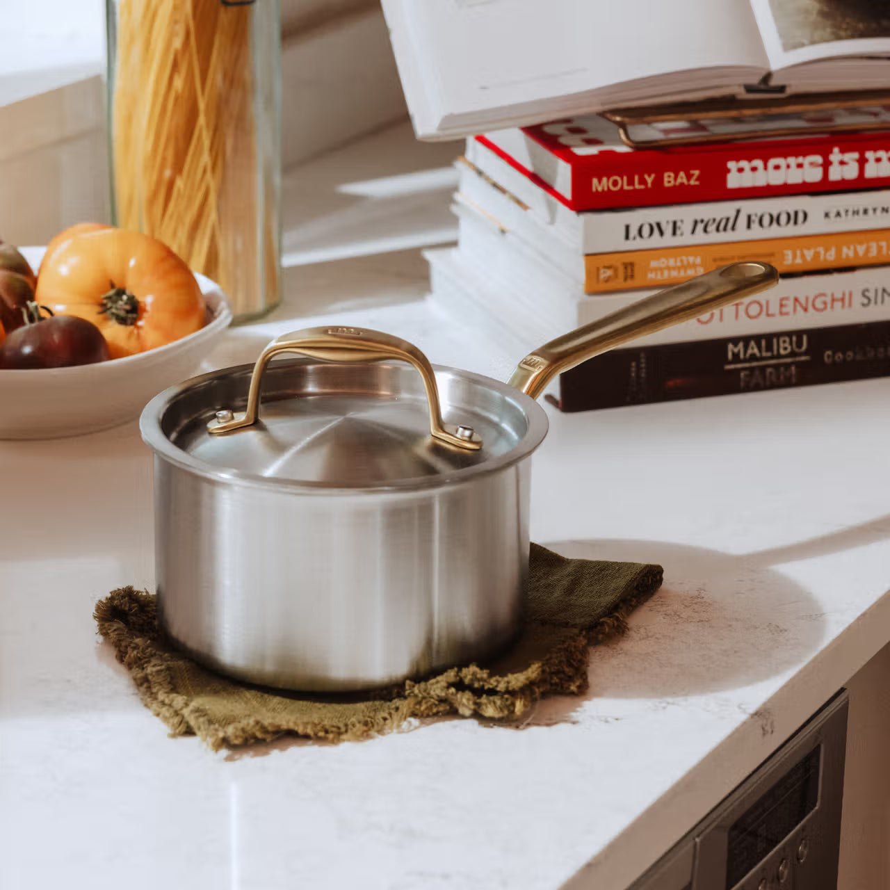 MADE IN® Stainless Clad Saucepan with Lid: 2 QT, Antique Brass Handle