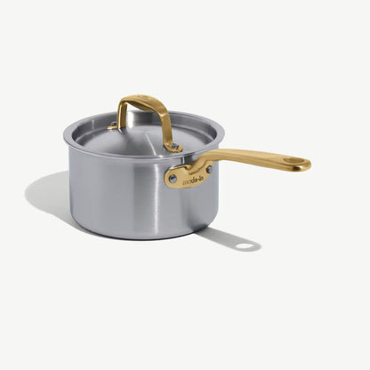 MADE IN® Stainless Clad Saucepan with Lid: 2 QT, Antique Brass Handle