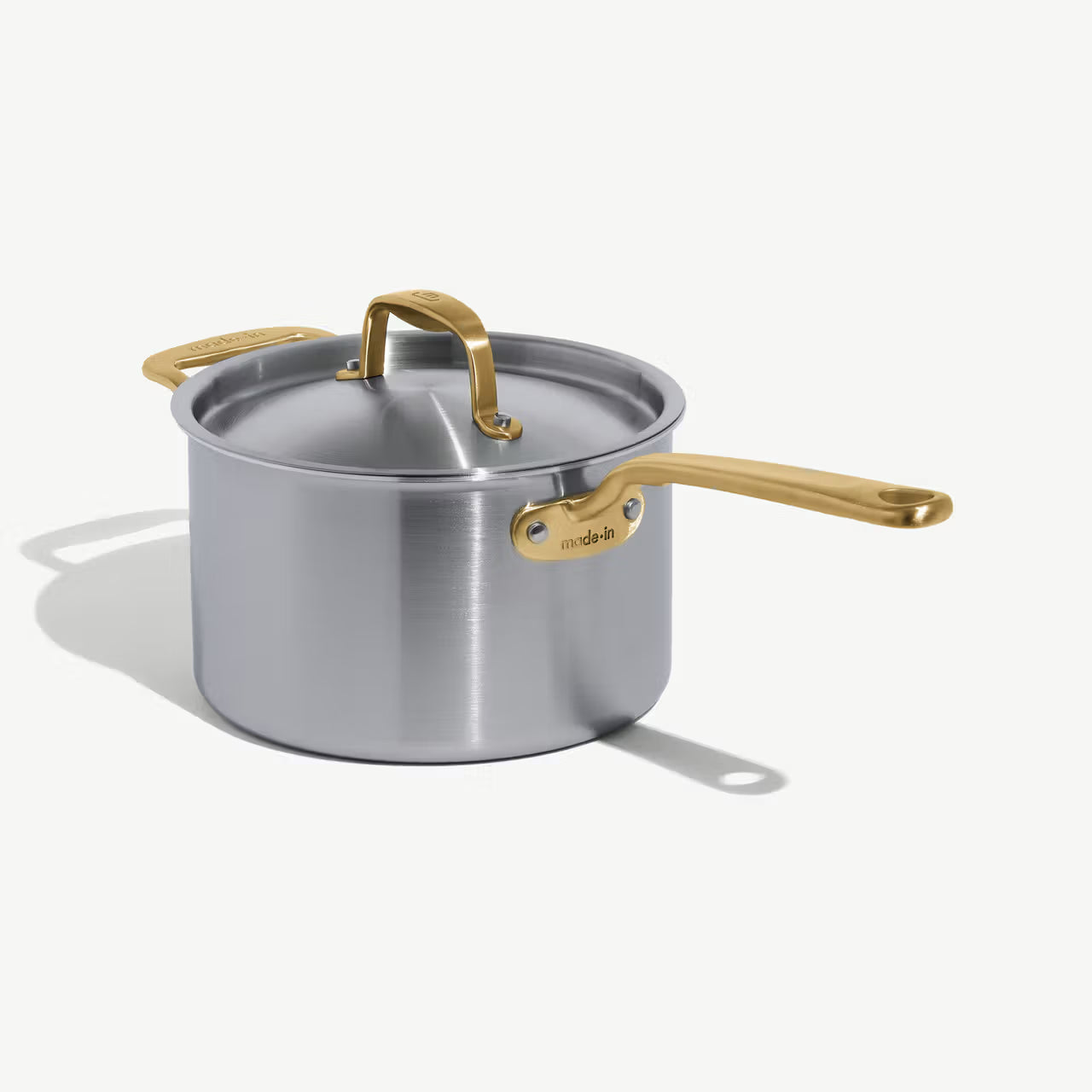 MADE IN® Stainless Clad Saucepan with Lid: 4 QT, Antique Brass Handle