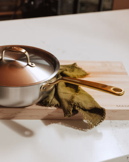 MADE IN® Stainless Clad Saucier with Lid: 3 QT, Antique Brass Handle