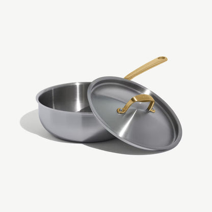 MADE IN® Stainless Clad Saucier with Lid: 3 QT, Antique Brass Handle