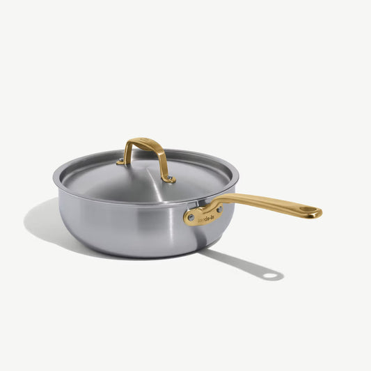 MADE IN® Stainless Clad Saucier with Lid: 3 QT, Antique Brass Handle