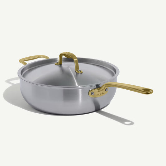 MADE IN® Stainless Clad Saucier with Lid: 5 QT, Antique Brass Handle