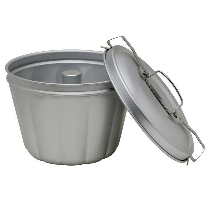 Mrs. Anderson's Steamed Pudding Mold with the lid off and resting on the side of the mold