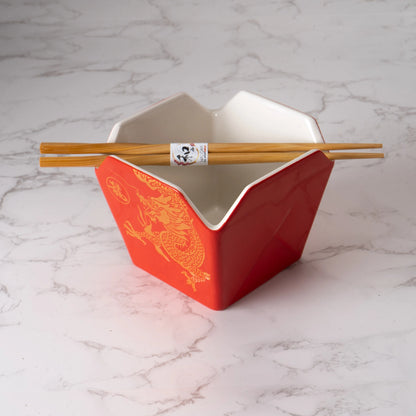 Urban Tokyo 'Takeout' Noodle Bowl with Chopsticks: 16 oz., Dragon (Red)