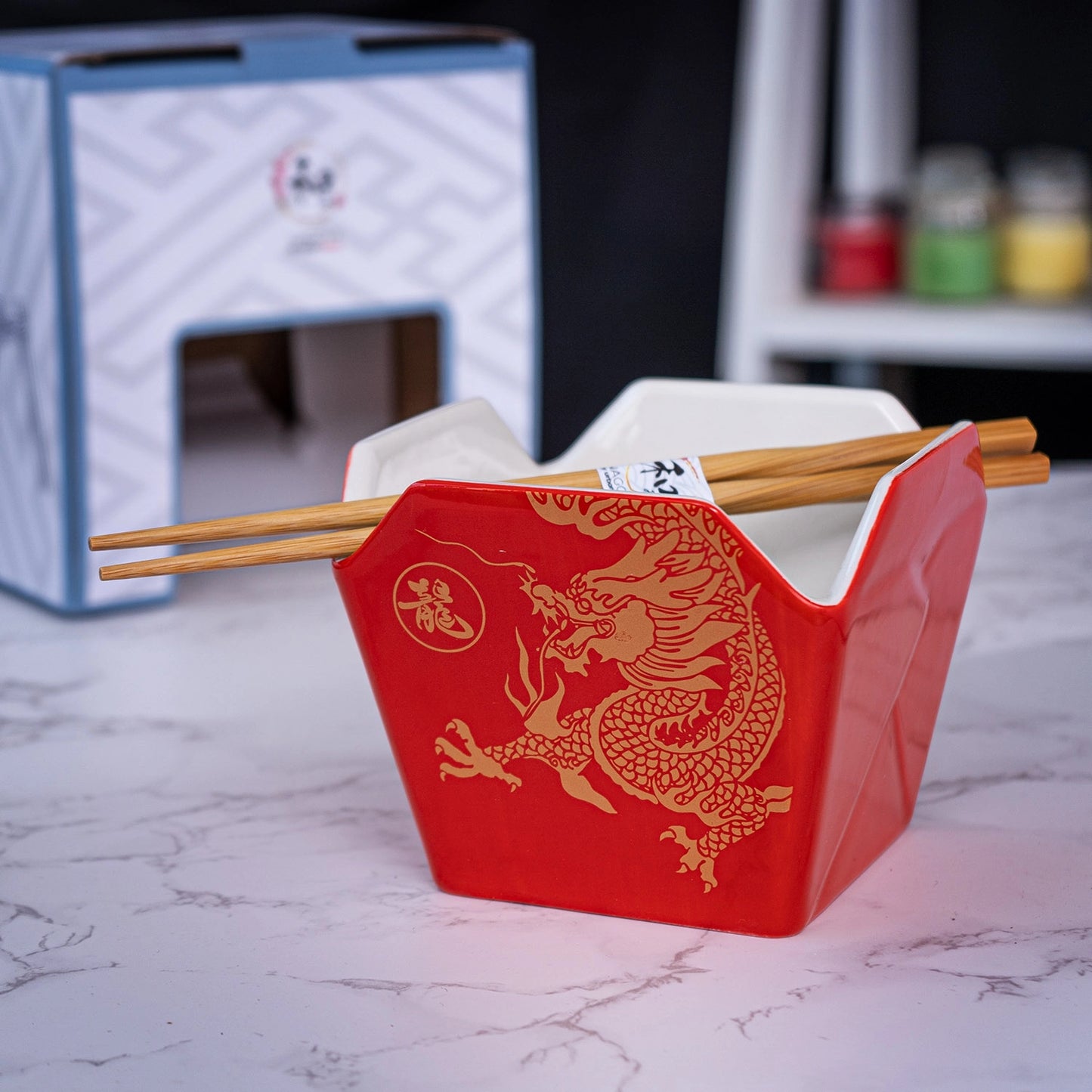 Urban Tokyo 'Takeout' Noodle Bowl with Chopsticks: 16 oz., Dragon (Red)