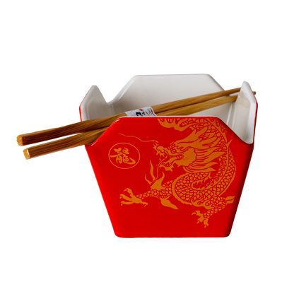 Urban Tokyo 'Takeout' Noodle Bowl with Chopsticks: 16 oz., Dragon (Red)
