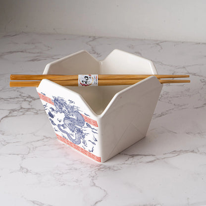 Urban Tokyo 'Takeout' Noodle Bowl with Chopsticks: 16 oz., Dragon (White)