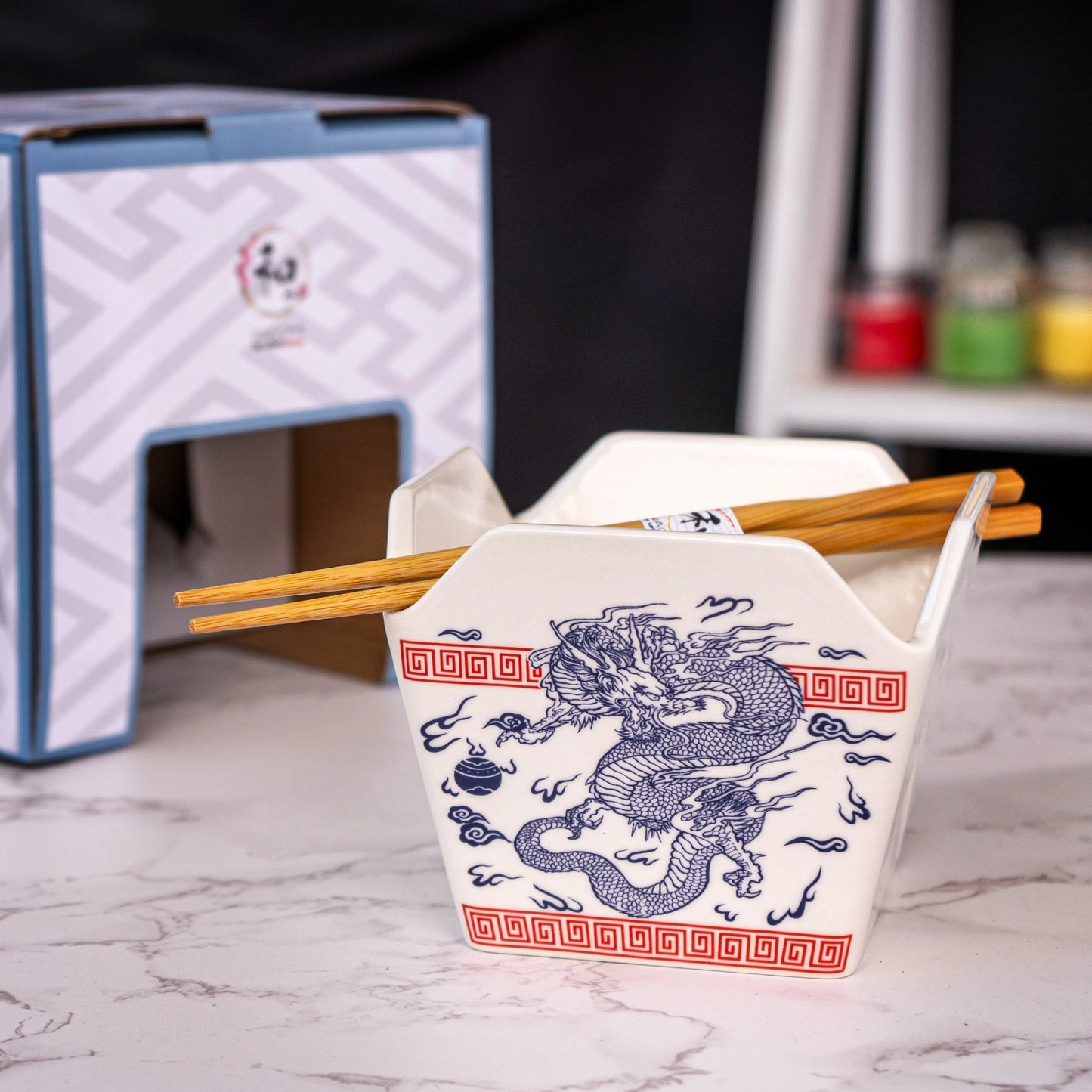 Urban Tokyo 'Takeout' Noodle Bowl with Chopsticks: 16 oz., Dragon (White)