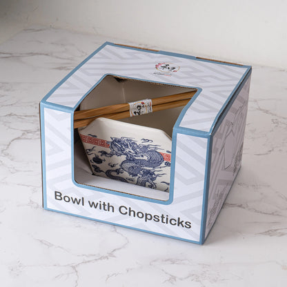 Urban Tokyo 'Takeout' Noodle Bowl with Chopsticks: 16 oz., Dragon (White)