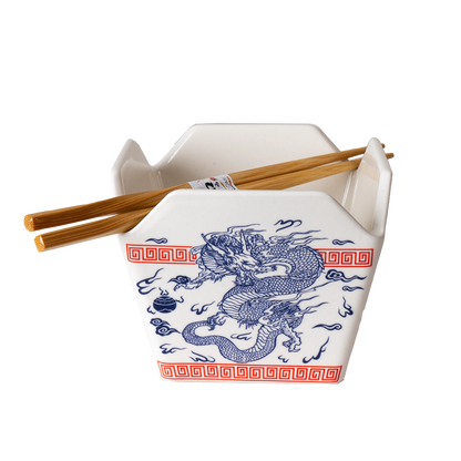 Urban Tokyo 'Takeout' Noodle Bowl with Chopsticks: 16 oz., Dragon (White)