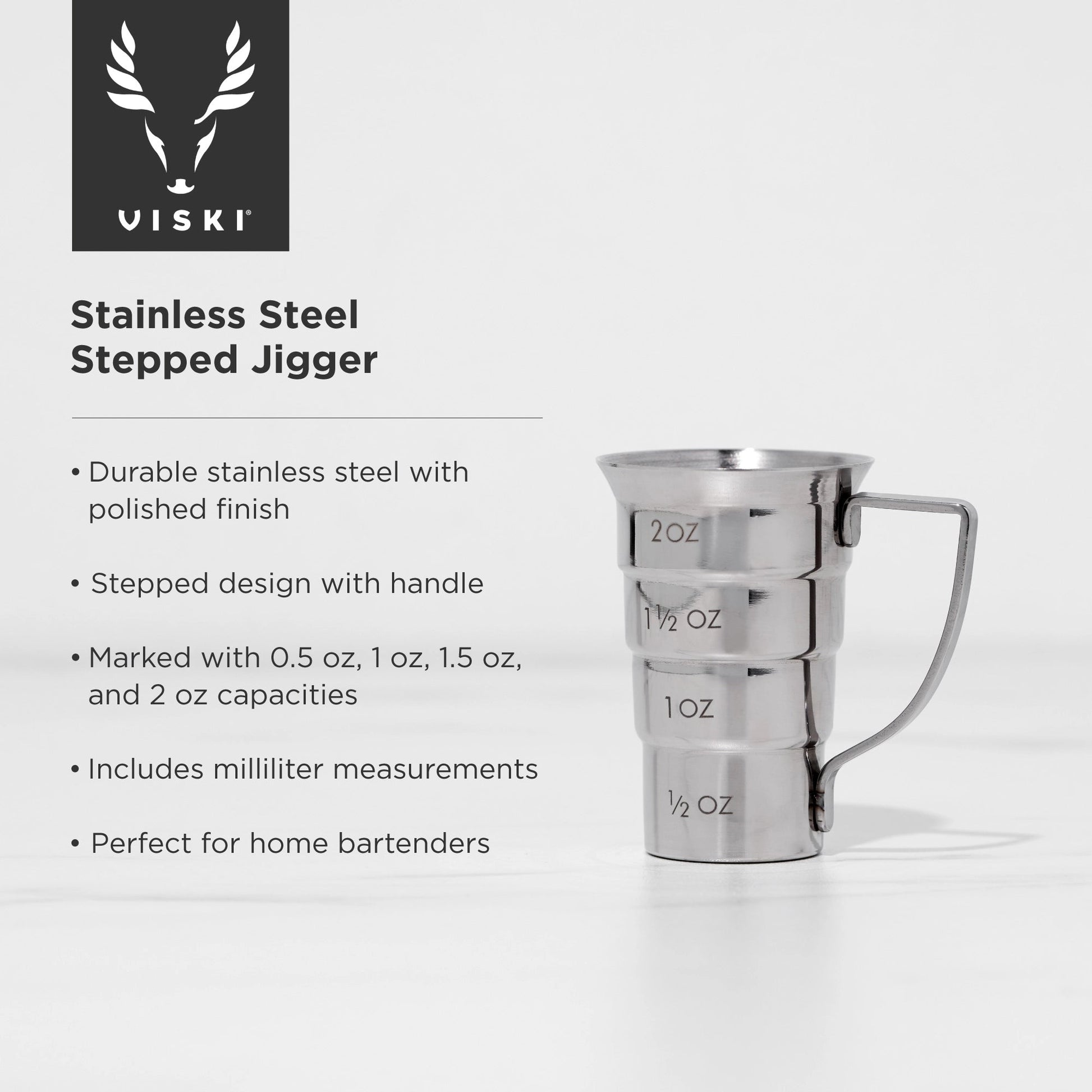 Viski Harrison Polished Stainless Steel Stepped Jigger w/ Handle