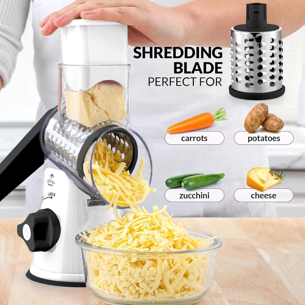 Zulay Kitchen Rotary Cheese Grater with 3 Interchangeable Drums: White