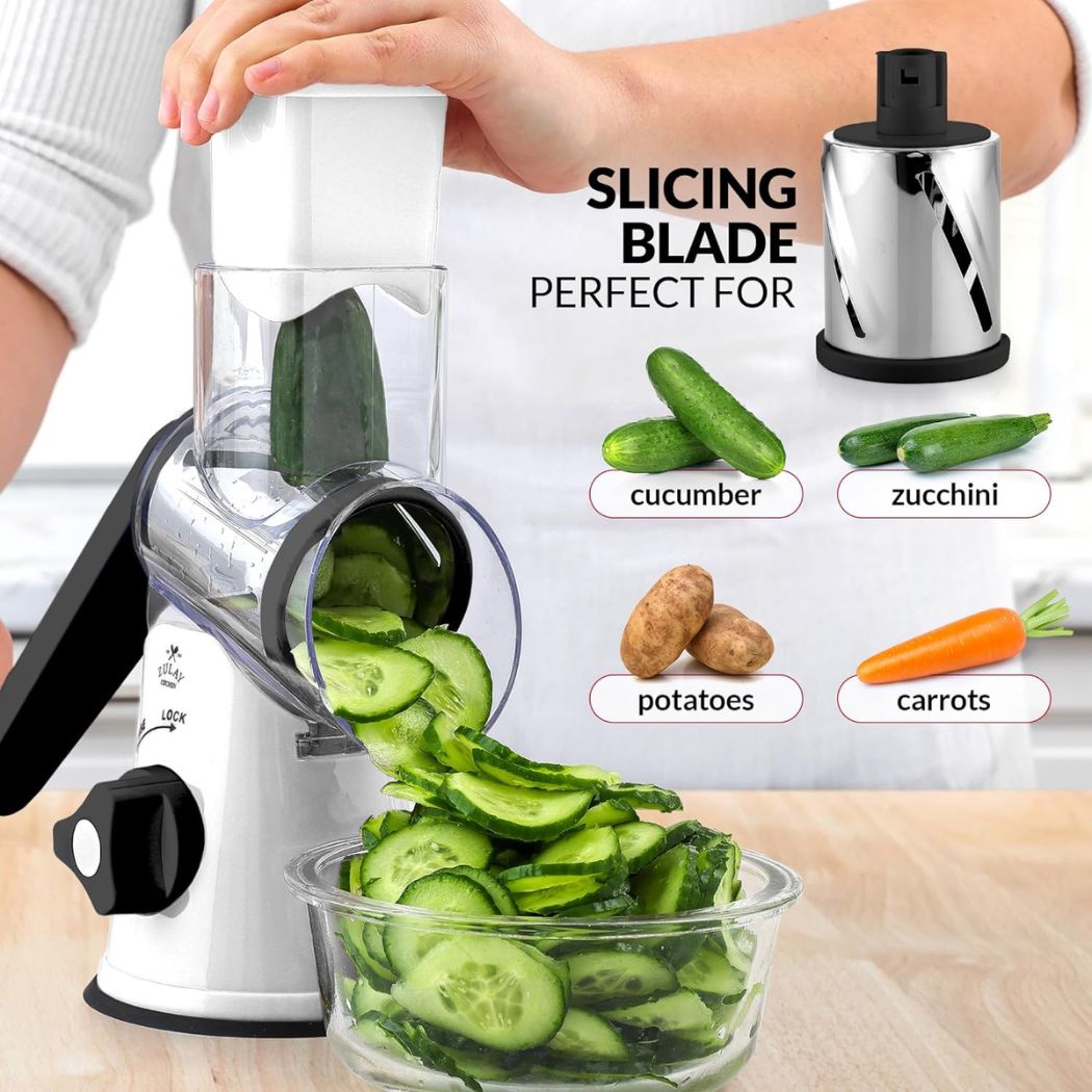 Zulay Kitchen Rotary Cheese Grater with 3 Interchangeable Drums: White
