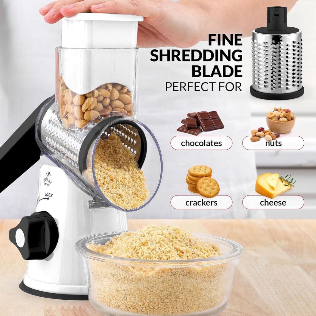 Zulay Kitchen Rotary Cheese Grater with 3 Interchangeable Drums: White