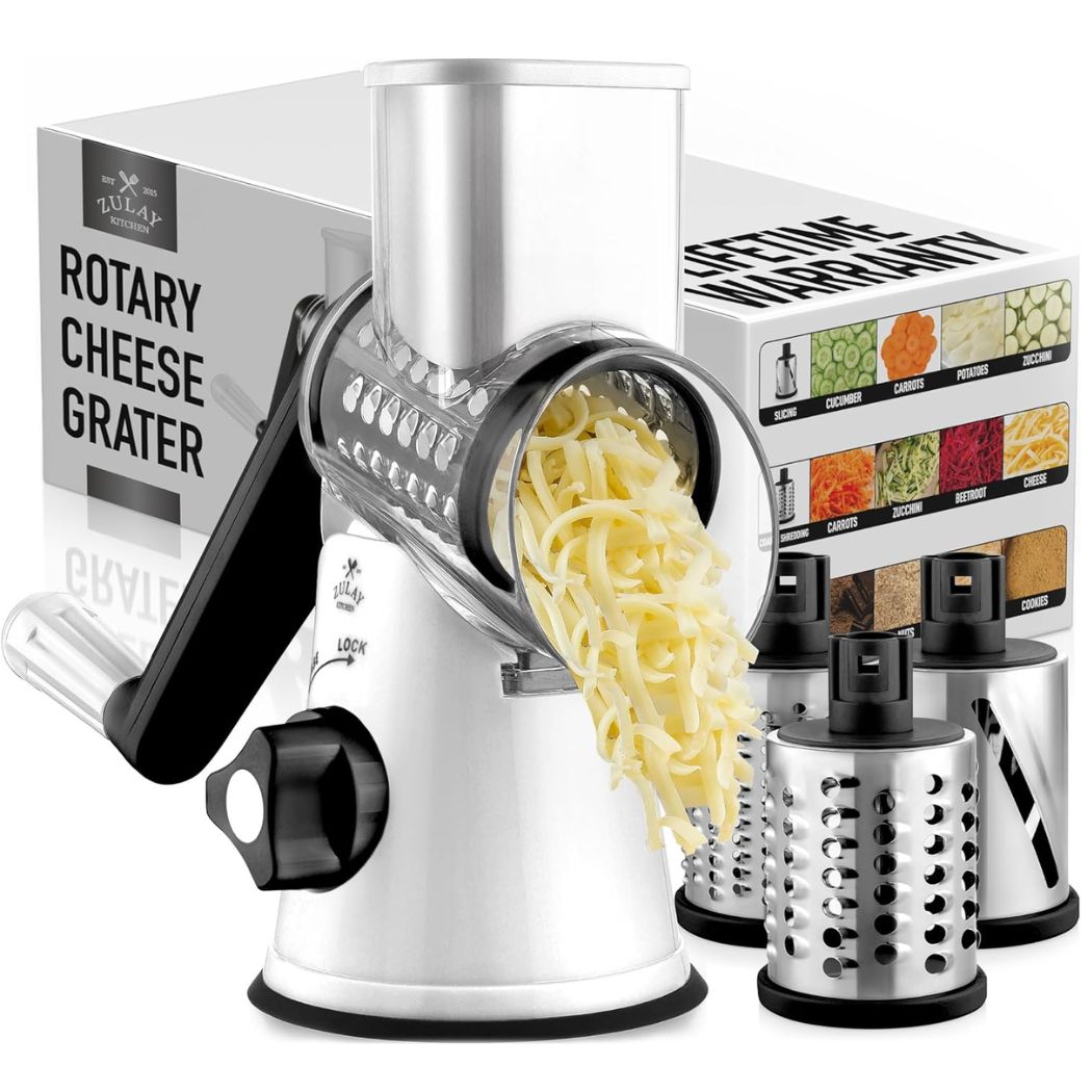 Zulay Kitchen Rotary Cheese Grater with 3 Interchangeable Drums: White