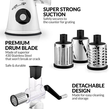Zulay Kitchen Rotary Cheese Grater with 3 Interchangeable Drums: White