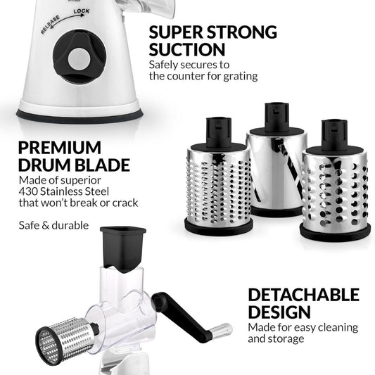 Zulay Kitchen Rotary Cheese Grater with 3 Interchangeable Drums: White