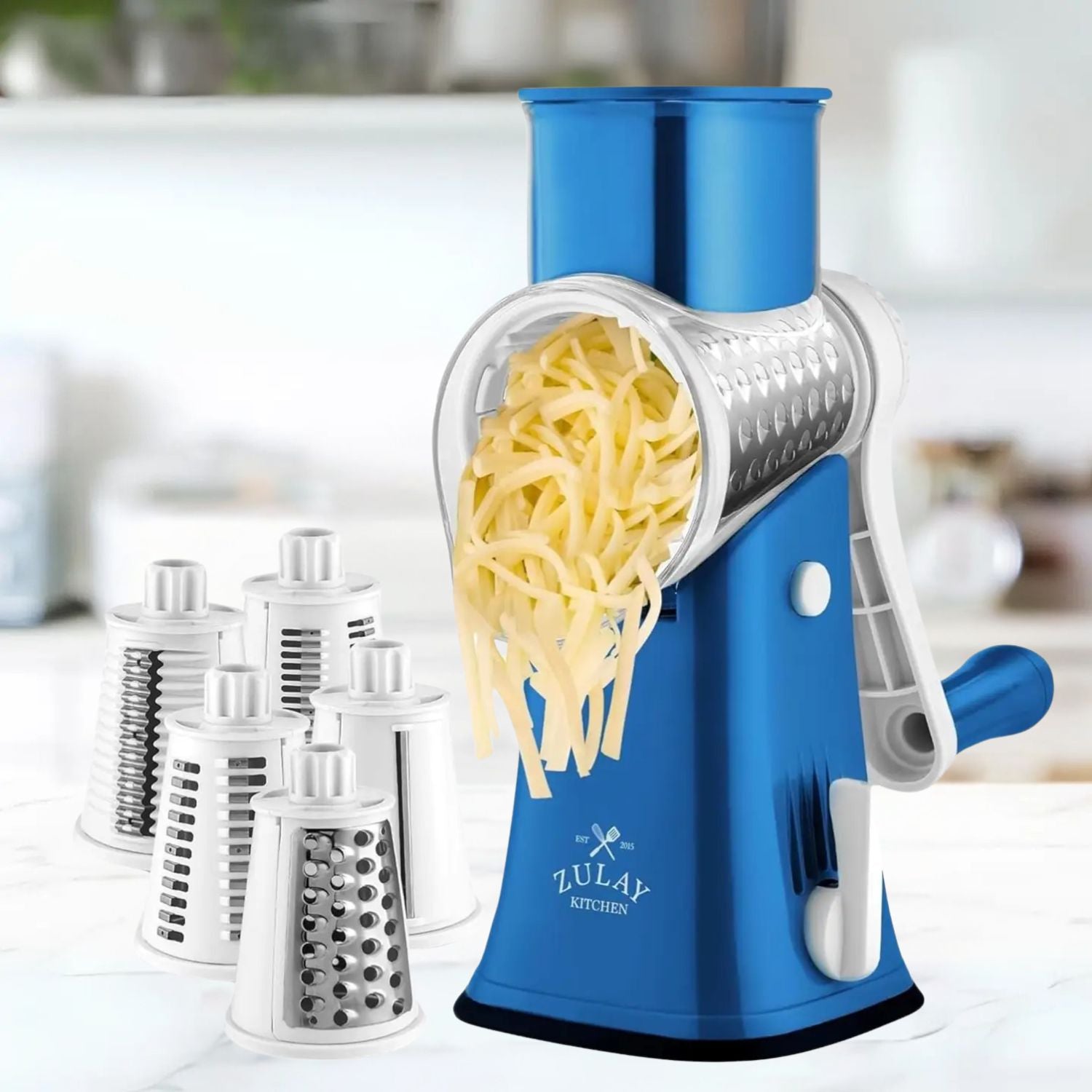 Zulay Kitchen Rotary Cheese Grater with 5 Interchangeable Drums: Blue