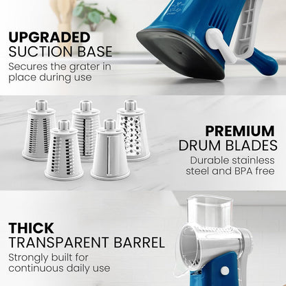 Zulay Kitchen Rotary Cheese Grater with 5 Interchangeable Drums: Blue