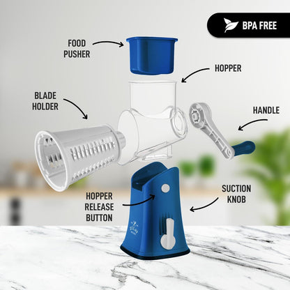 Zulay Kitchen Rotary Cheese Grater with 5 Interchangeable Drums: Blue