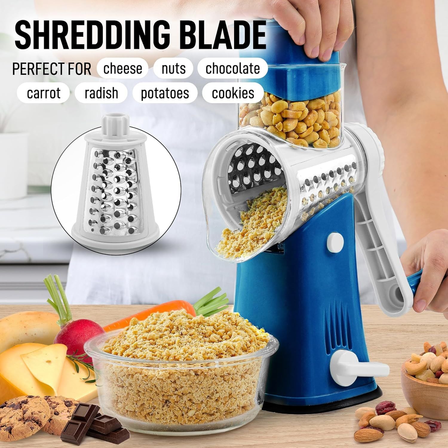 Zulay Kitchen Rotary Cheese Grater with 5 Interchangeable Drums: Blue