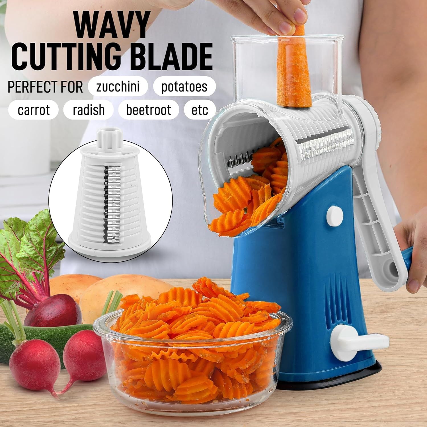 Zulay Kitchen Rotary Cheese Grater with 5 Interchangeable Drums: Blue