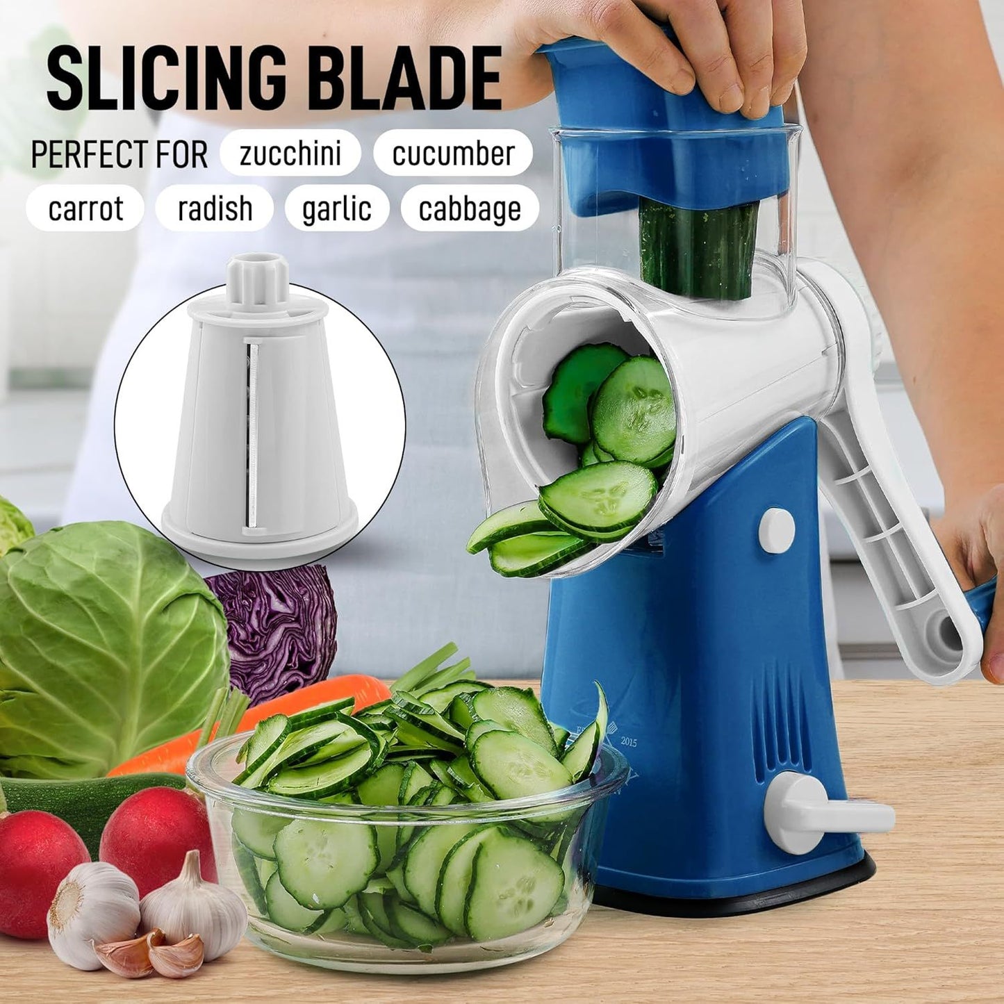 Zulay Kitchen Rotary Cheese Grater with 5 Interchangeable Drums: Blue