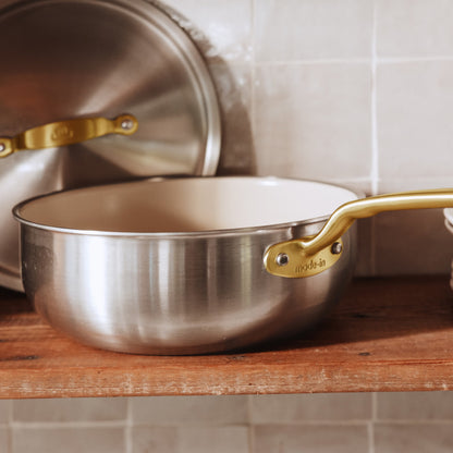 MADE IN® CeramiClad™ 2.0 Non-stick Saucier with Lid: 3 QT, Antique Brass Handle