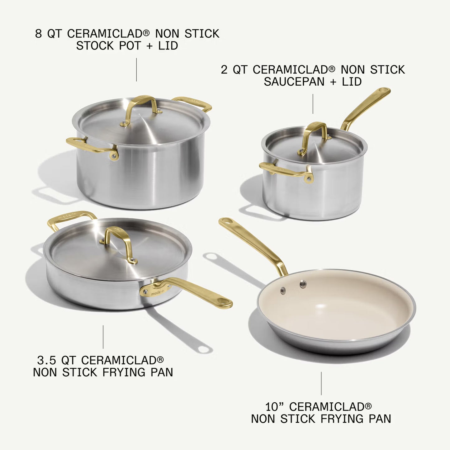 MADE IN® CeramiClad® 2.0 Non Stick Cookware Set:  7 Piece, Antique Brass Handle